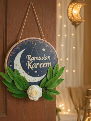 קישוט תלייה לדלת פרחוני Black Ramadan Kareem, קישוט פנס ירח וכוכב, שלט עגול, קישוט קיר למתנות רמדאן ועיד