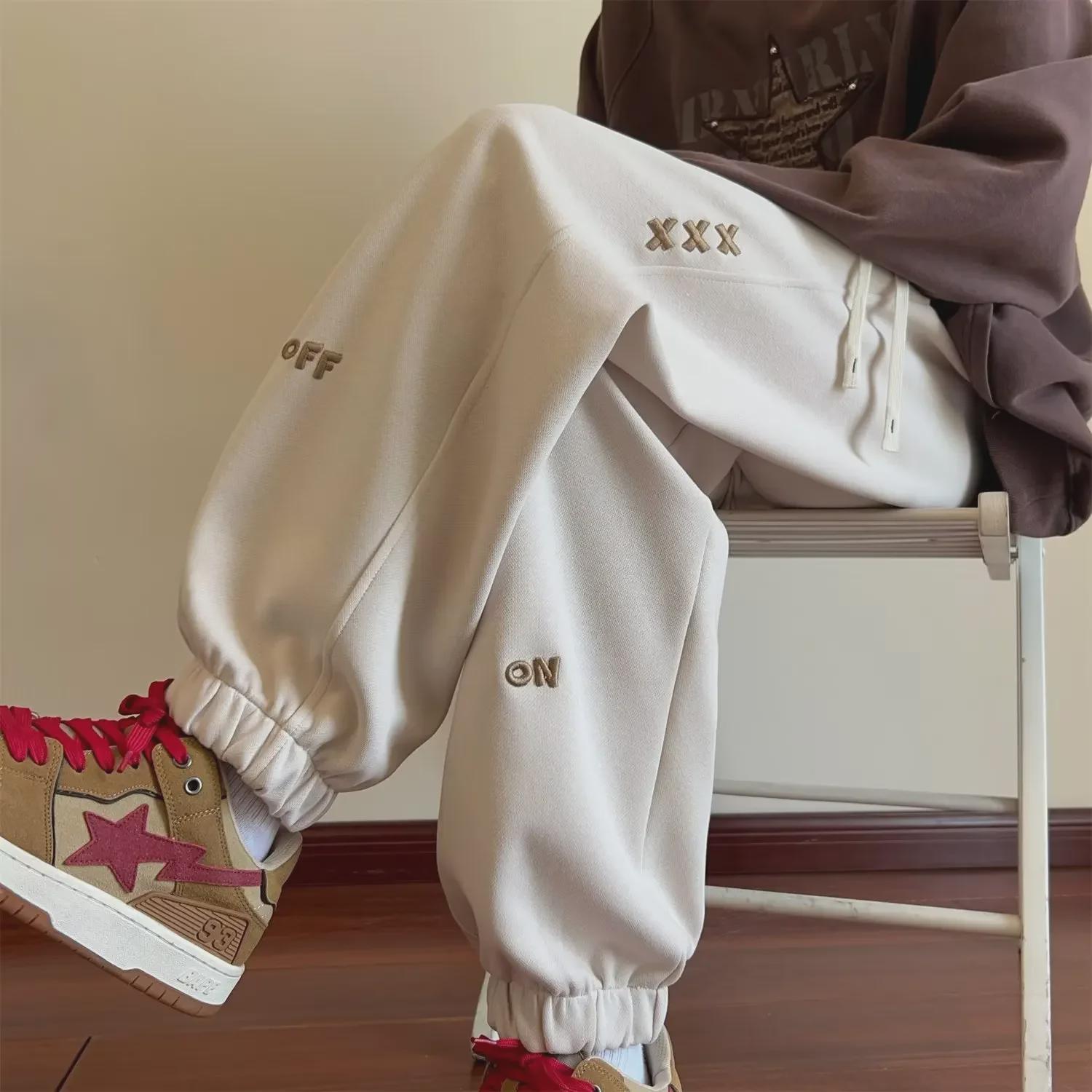 

Men s Hong Kong Style Loose Velvet Sweatpants - Autumn/Winter Trend with Embroidered Cuffs L