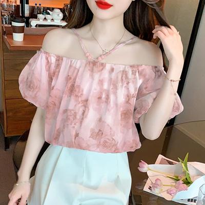 Sweet Off Shoulder Shirt Women Loose Tops Elegant Short Sleeve Summer Floral Print Blouse Ladies New Casual Clothes 27415