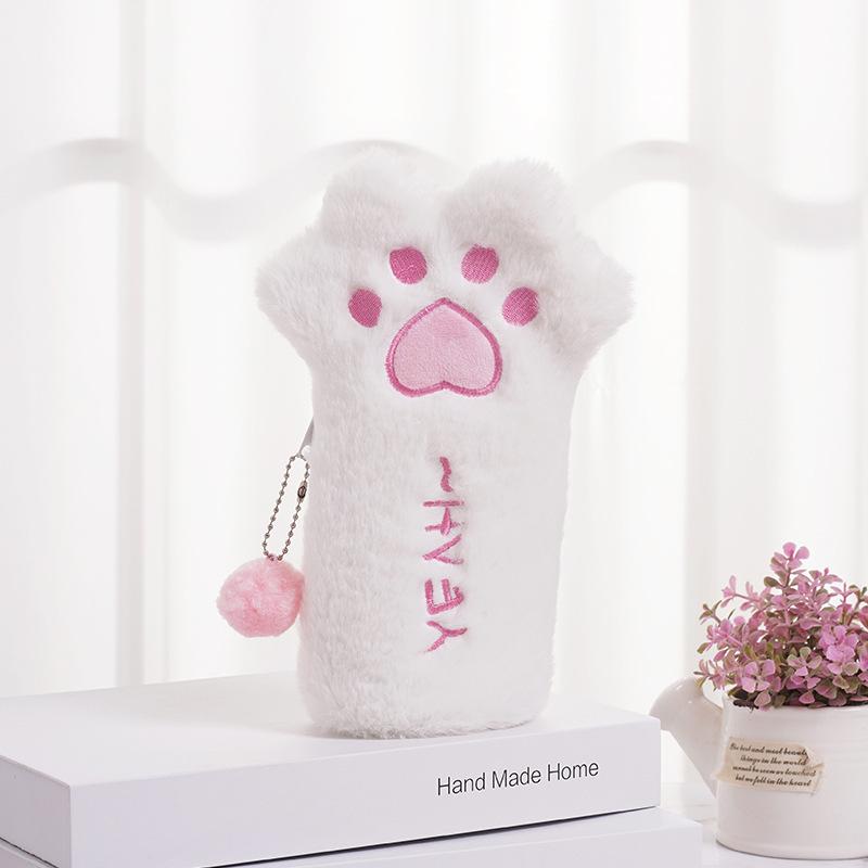 Cartoon Cat Paw Plush Pencil Case - Large Capacity for Students
