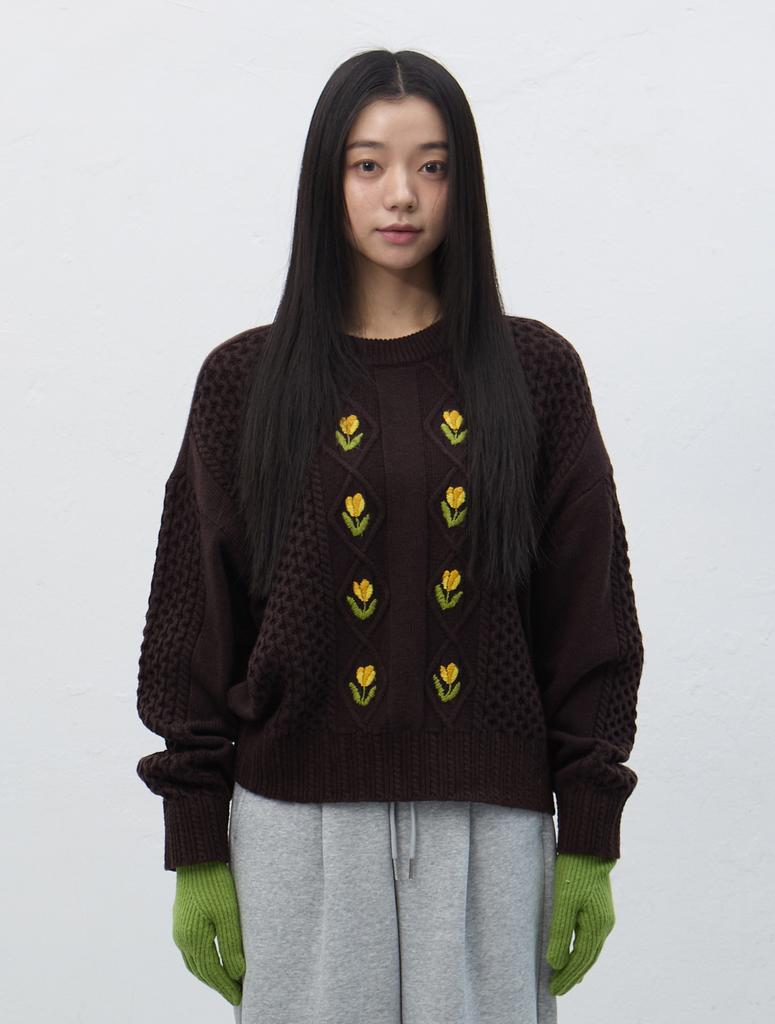 GENERALIDEA Flower Cable Knit Pullover [Brown] / Wbe4L05545