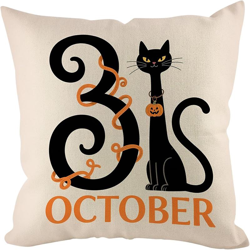 Halloween Throw Pillow Cover with Cat, Skull & Ghost Patterns - "Trick or Treat" Decor for Sofa