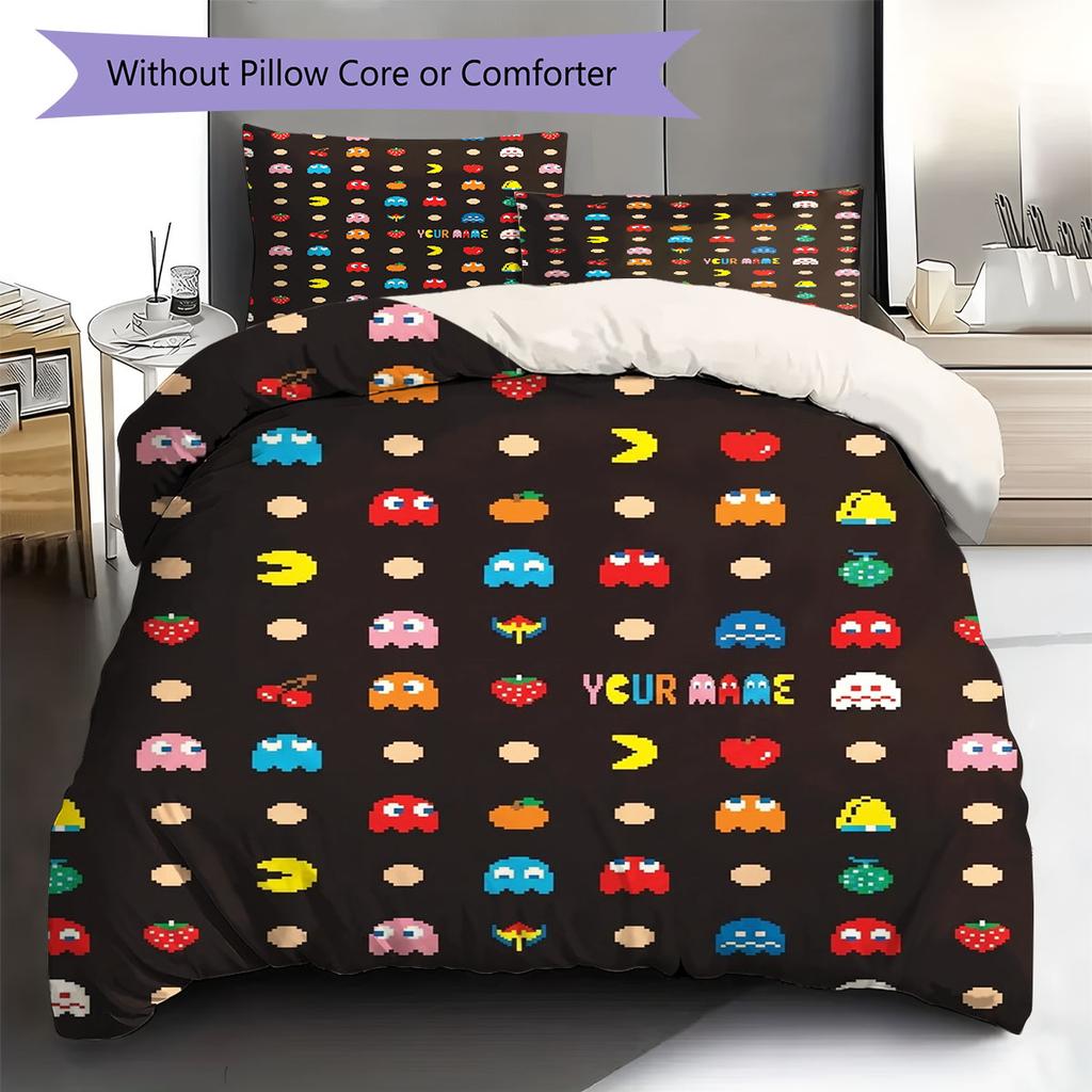 Pac-Man Custom Name Pattern Bedding,Quilt Set Quilt Cover Pillowcase Home Birthday Gift(1 * Duvet Cover + 2 * Pillowcase, Without Core)