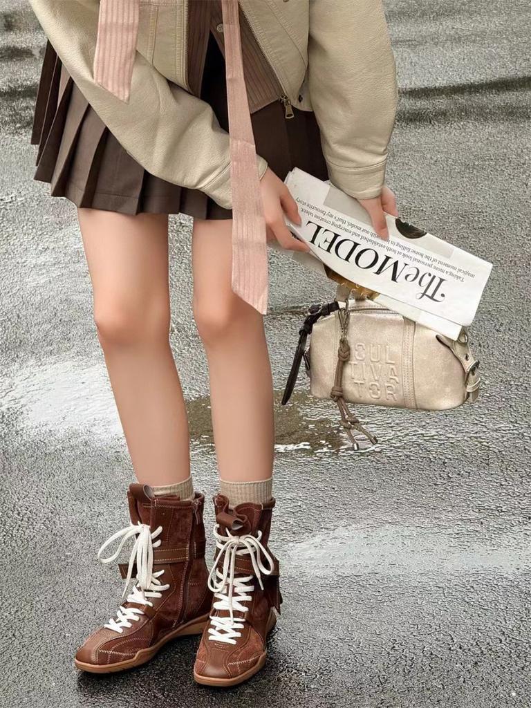 2025 new retro Martin boots women's brown boxing boots round head lace-up sports boots short boots foreign versatile Korean style