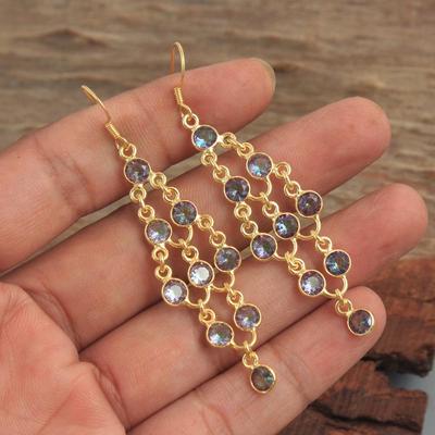 Mystic Topaz Labradorite Granat Larimar Dangle, תכשיטים בציפוי זהב צהוב, עגיל בעבודת יד