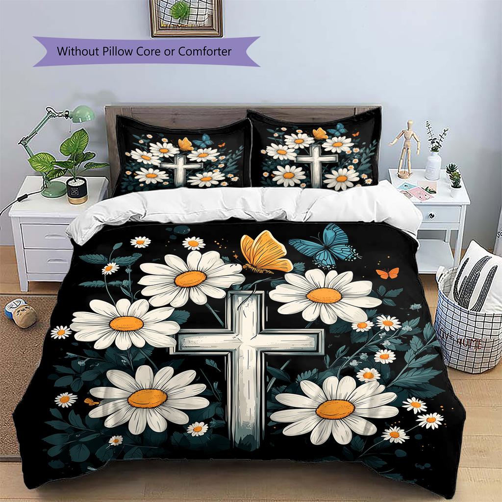 Daisy Butterfly  Pattern Bedding Quilt Set Quilt Cover Pillowcase Home Decoration  Gift (1 * Duvet Cover + 2 * Pillowcase, Without Core)