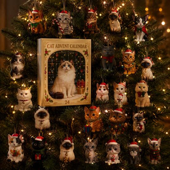 Festive Party Favors Christmas Advent Calendar for Cat Lovers, 24 Day Countdown Box with Holiday Room Decor Acrylic Pendants, Tree Hanging Decorations