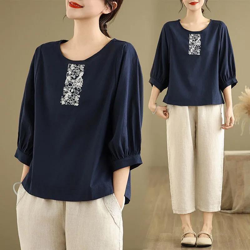 Korean Style Embroidered Cotton Linen Round Neck Mid-Sleeve Plus Size Women's T-Shirt