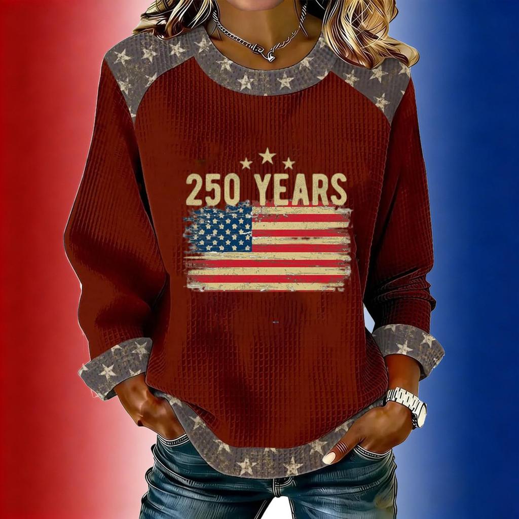 Women's long-sleeved fashionable casual everyday Independence Day printed top