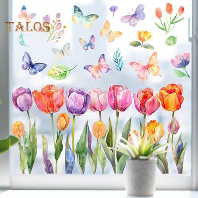 Floral Window Sticker Sheet Vibrant Color Tulip Butterfly Design PVC Glass Film Decal Living Room Kitchen Office Decor