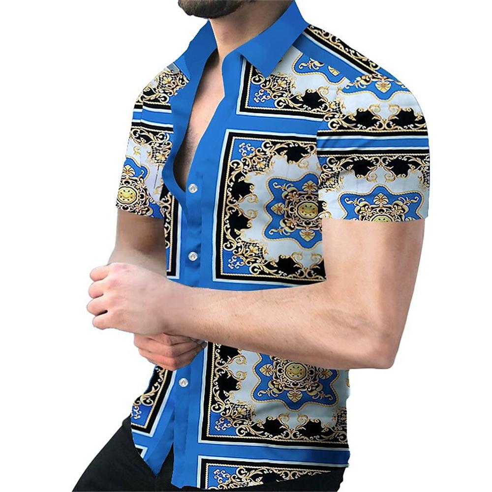 Men's Geometric Line Printed Shirt, Summer Casual Fashion, Lapel Button,Comfortable Fabric, Short Sleeve Shirt, 2024