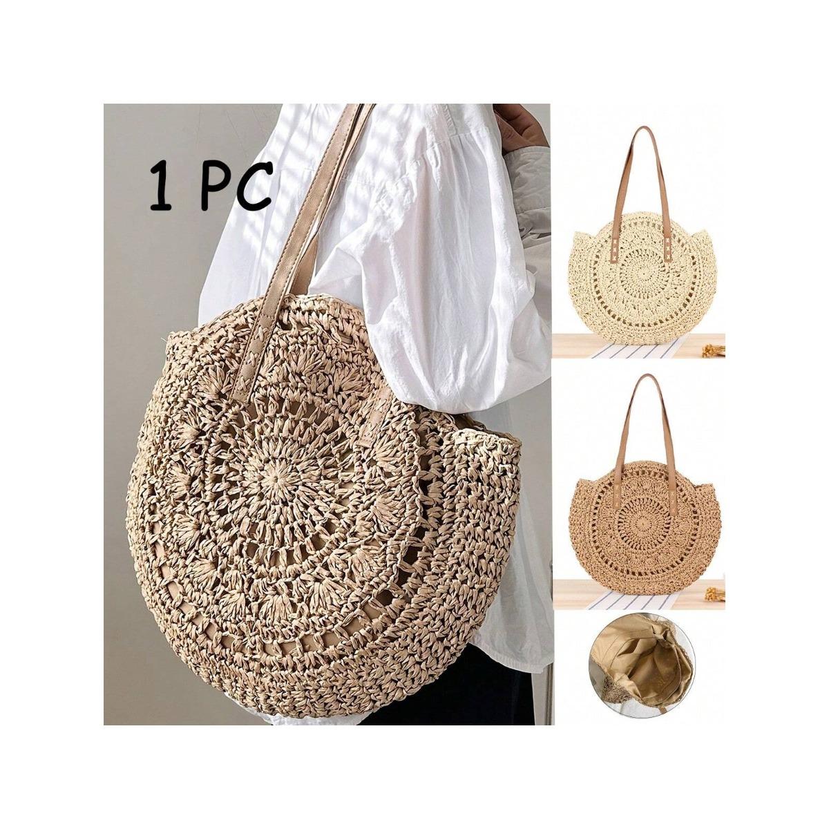 

Повседневная большая сумка из соломенной ткани, большая литературная сумка с двойной ручкой, портативная плетеная сумка круглой формы, женские пляжные сумки для отпуска и отдыха