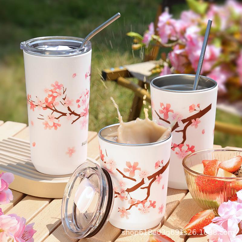 Thermal Mug Stainless Steel Protable Sakura Vacuum Flask Insulated Water Cup with Lid Travel Water Iced Bottle Kitchen Tools