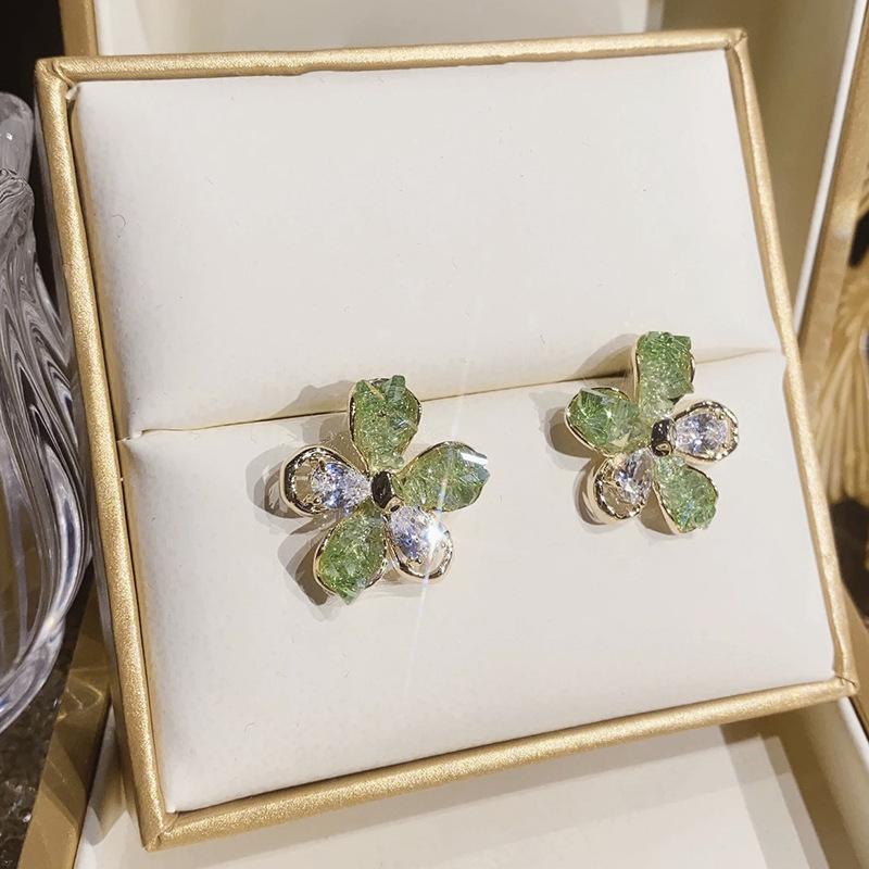 New Stitching Zircon Green Crystal Flowers Earrings for Women Personality Fashion Summer Accessories Party Jewelry Birthday Gift