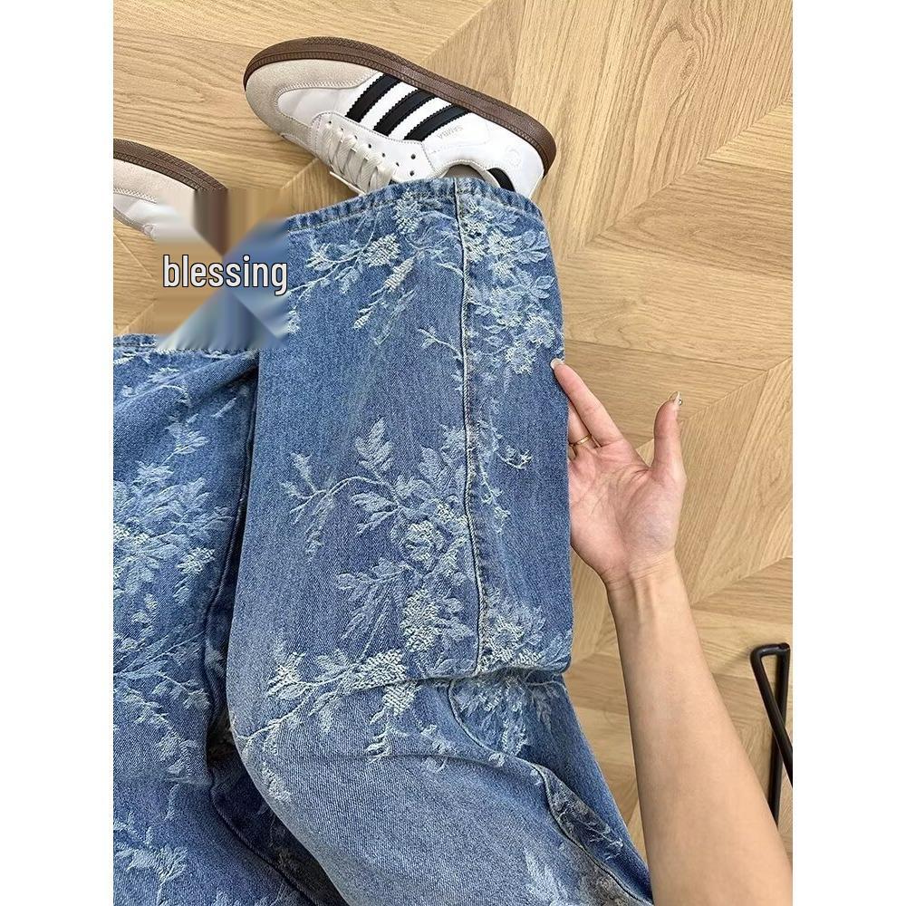 Dámské podzimní široké džíny s žakárovou výšivkou - Volný střih, délka až na zem pro postavu hrušky