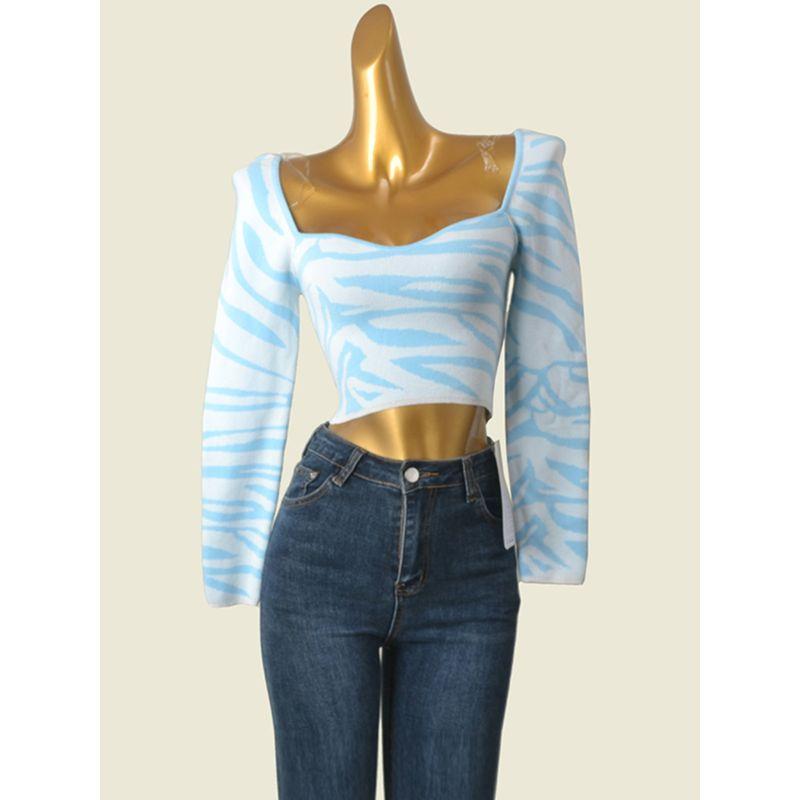 European and American Sexy Peach Collar Knitting Long Sleeves Tops Summer Common Blue and White High Waist Short Open Back Chic Bottoming Shirt
