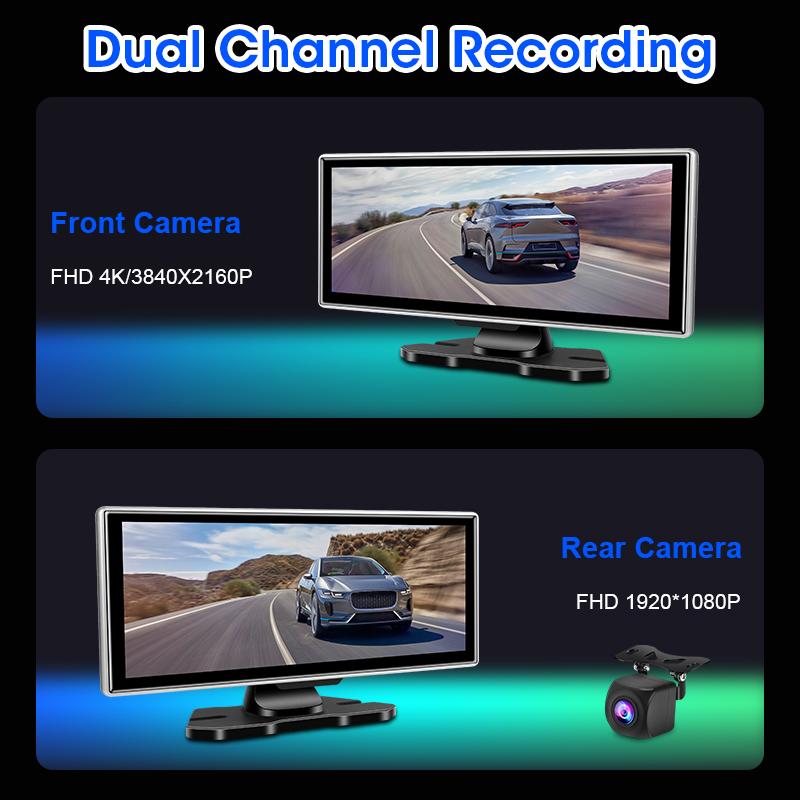 11.26" 4K Dash Cam Rear View Camera Wireless Carplay Android Auto Dual Lens Car DVR Video Recorder AUX GPS BT FM Mirror Monitor