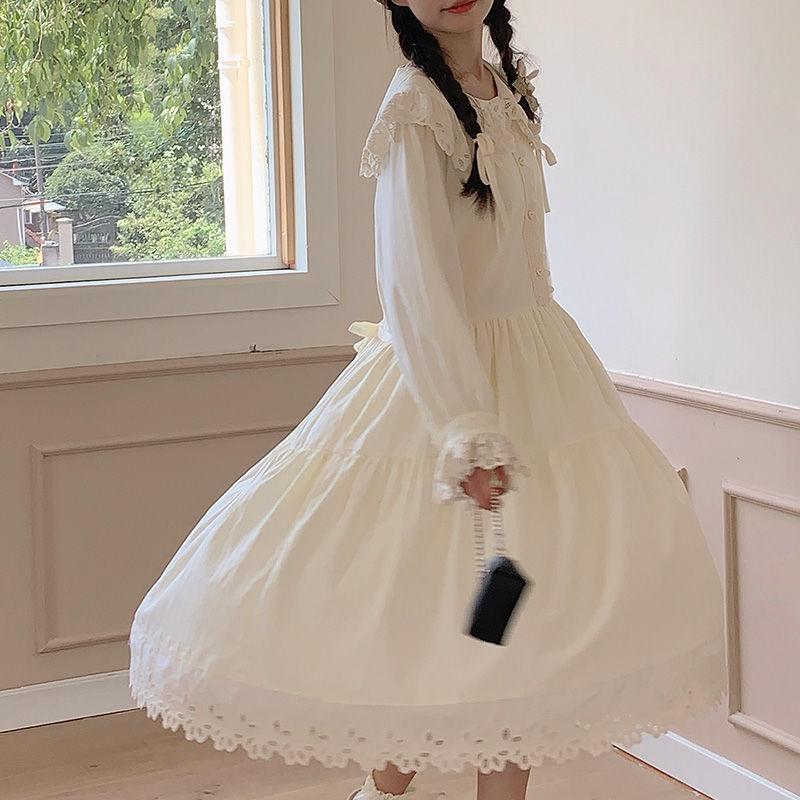 Mori Style Women's Apricot Lace-Trim Long Sleeve Dress