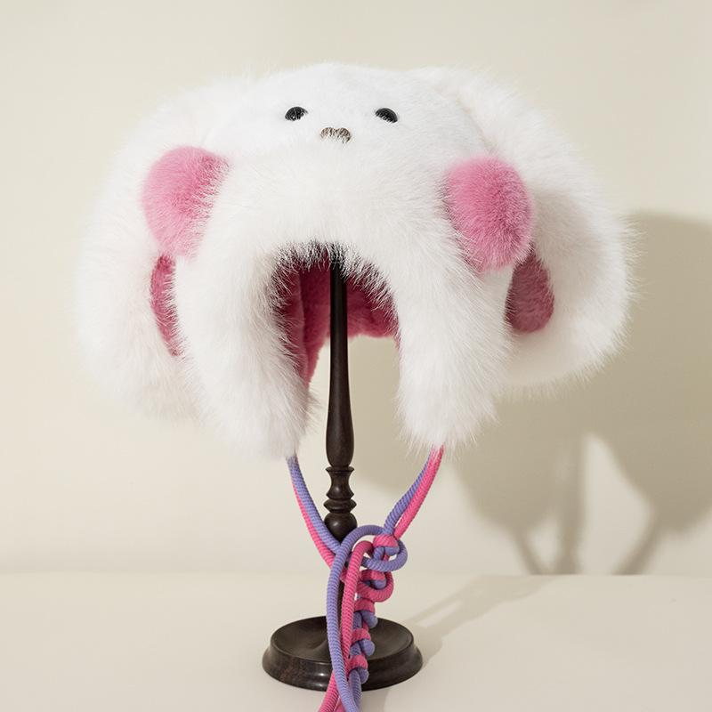 New Versatile Cute Long Ear Blush Rabbit Plush Hat for Women In Autumn and Winter Cold Protection and Warm Ear Protection Lei Feng Hat