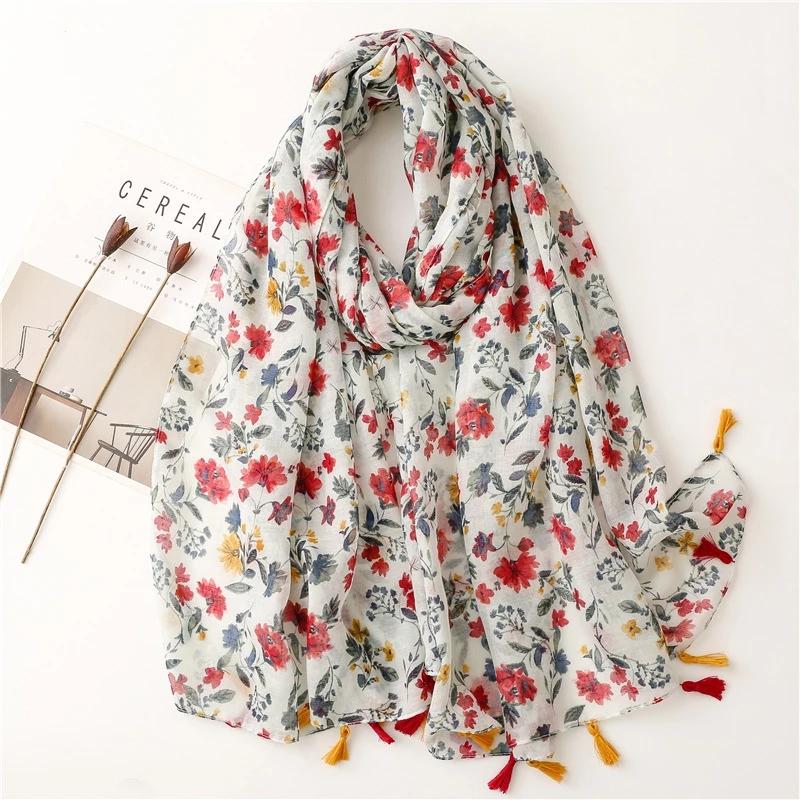 Fashion Luxury Brand Aztec Floral Tassel Viscose Shawl Scarf Lady High Quality Wrap Pashmina Stole Bufandas Muslim Hijab