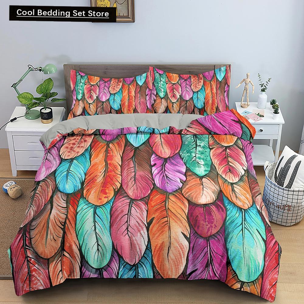 Feathers Duvet Cover Queen/King Size Boho Colorful Bird Feather Bedding Set Tropical Leaves 2/3pcs Polyester Comforter Cover