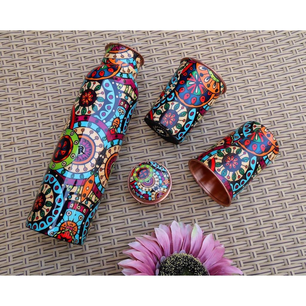 Pure Copper Water Bottle 1L With 2 Glass Set Hand Made | With Meena Mandala Print - A Fusion of Tradition and Style