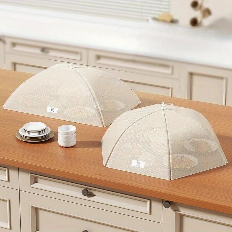 1pc Collapsible Food Cover with Fly Proof Mesh - Heavy-Duty Beige/White, Foldable Dish Protector with Airflow Design