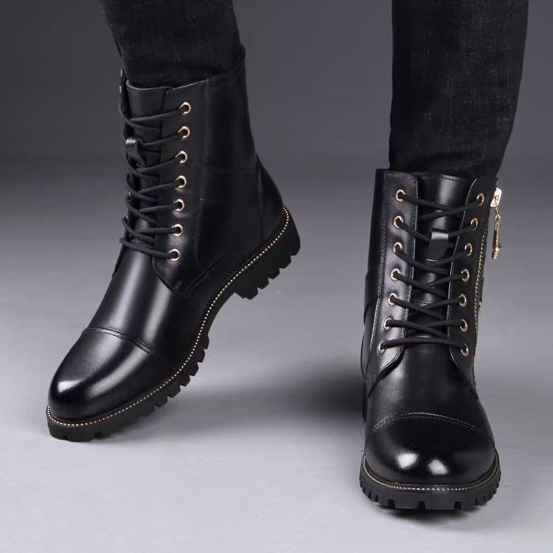 Stivali Martin da Uomo 2025 in Pelle Nera a Mezza Gamba, Vera Pelle, Resistenti all'Usura, con Zip