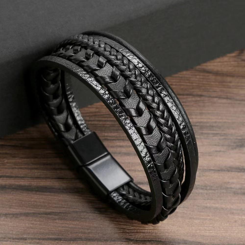1 Men's Wish Stainless Steel Leather Bracelet With Curved Pu Leather Woven Bracelet For Travel Wear And Accessories-805091