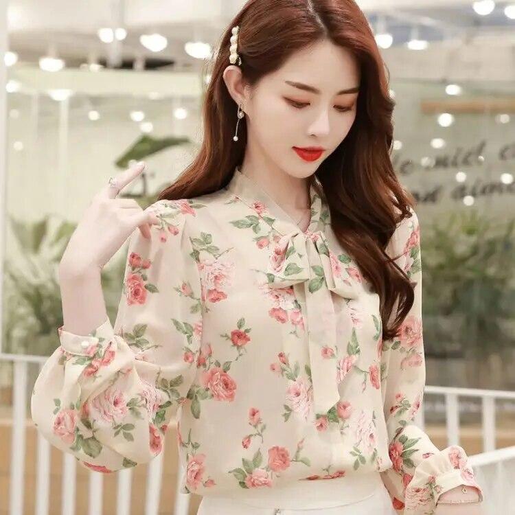 Women's Long Sleeved Bottoming Shirt Spring Autumn New Scarf Collar Tie Up Print Chiffon Top S-5XL