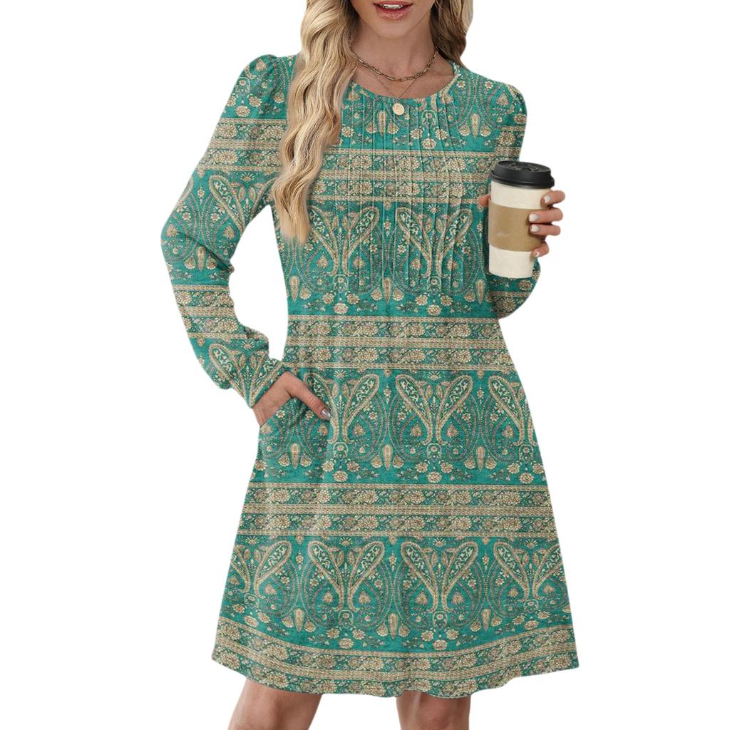 Women's Long Sleeve Pleated Round Neck Floral Print Casual Dress With Pockets