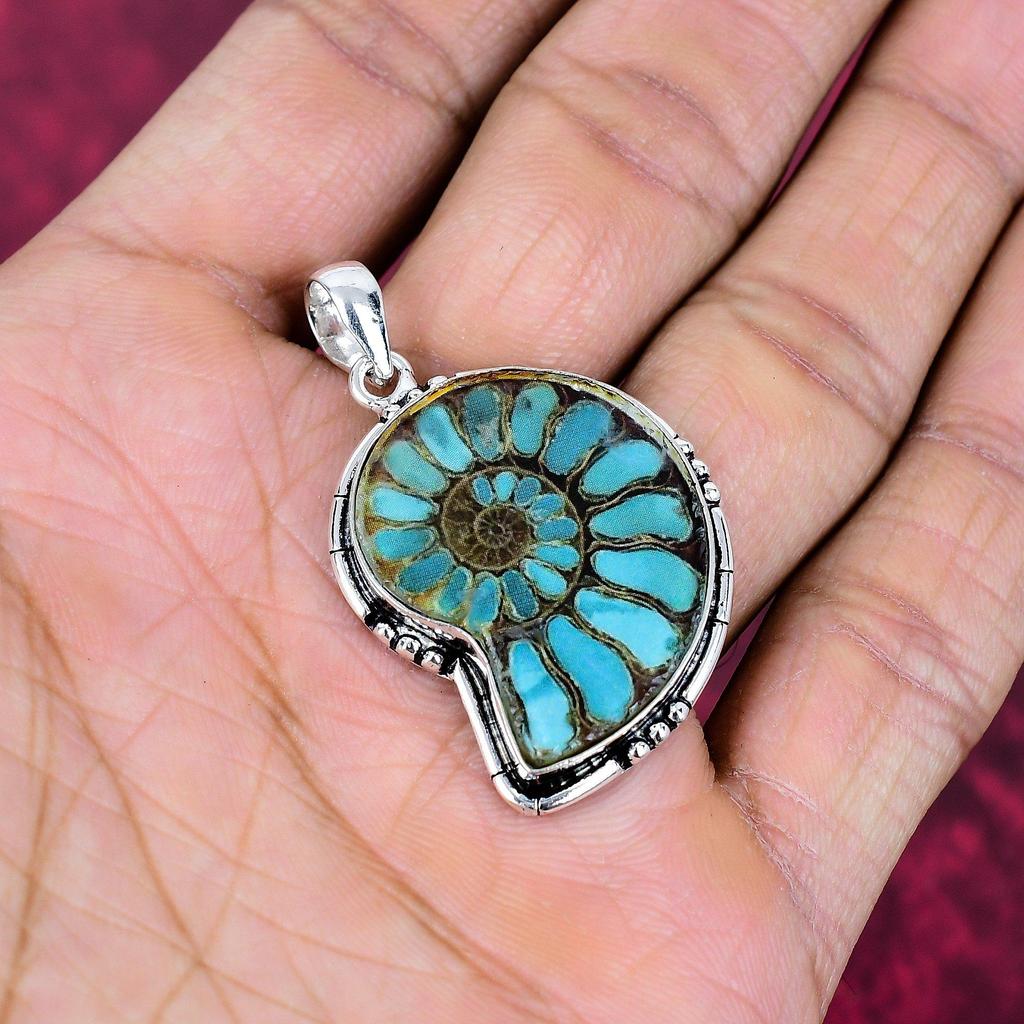 Blauer Ammonit Fossil Handgefertigter Silberanhänger, 925 Sterlingsilber Boho Anhänger, Schöner Rutil Edelstein Anhänger Geschenk für die Liebe
