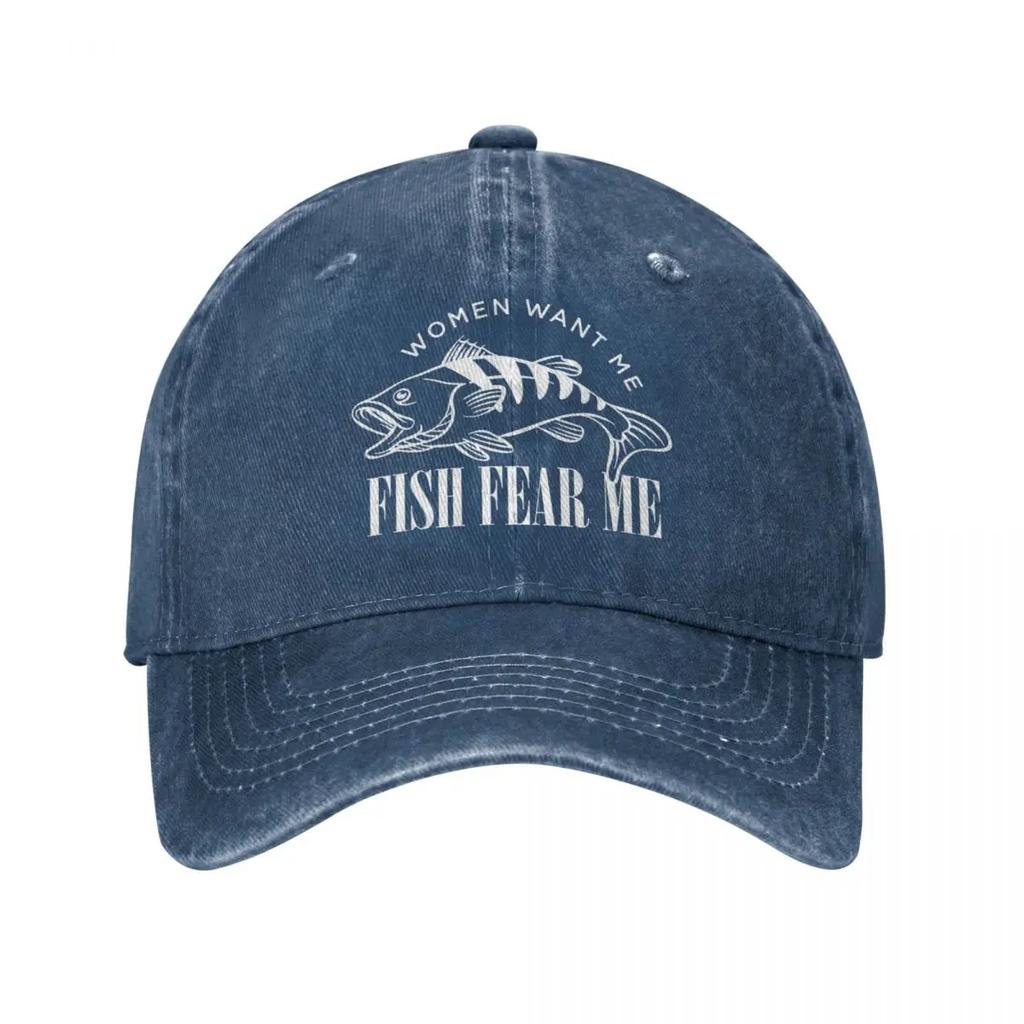 Women Want Me Fish Fear Me Baseball Cap Vintage Distressed Denim Meme Sun Cap All Seasons Travel Adjustable Caps Hat