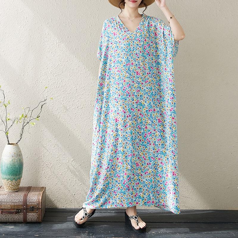 Manga corta Tallas grandes vintage floral nuevo en vestidos para mujer casual suelto Maxi vestido largo de verano