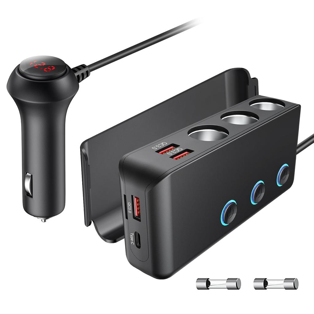 OOWOLF Cigarette Lighter Socket, 3 Row Expansion Socket, Black