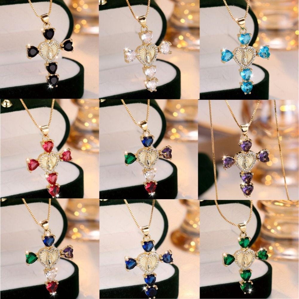 Gold & Silver Plated Religious Necklace Heart Cubic Crystal Chain Necklace for Women