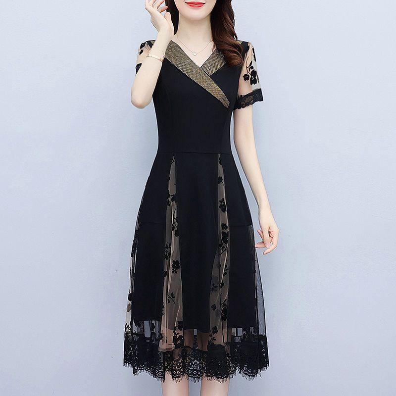 Summer V-neck Lace Dress Elegant Waist Tie Midi A-Line Dress Fashion Women Clothing