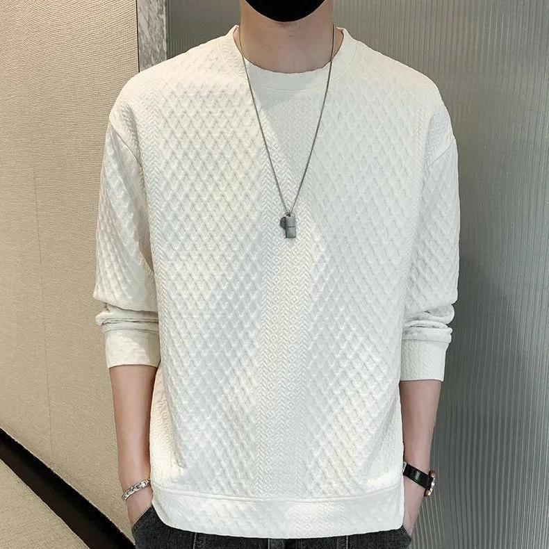 Men's Spring Round Neck Diamond Jacquard Sweatshirt Long Sleeve Casual Pullover Top