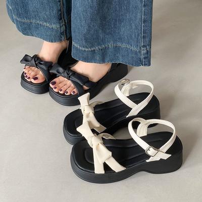 2025 Summer Wear New Sandals Women's Thick Soles with Korean Version of Versatile Fairy Bow Non-slip Beach Shoes