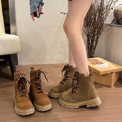 Brown Thick-soled Rhubarb Boots Women's 2025 Summer New Inner Heightening Hollow Martin Boots Short Boots Western Cowboy Boots