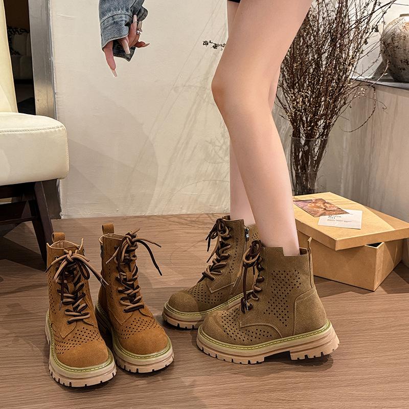 Brown thick-soled rhubarb boots women's 2025 summer new inner heightening hollow Martin boots short boots western cowboy boots