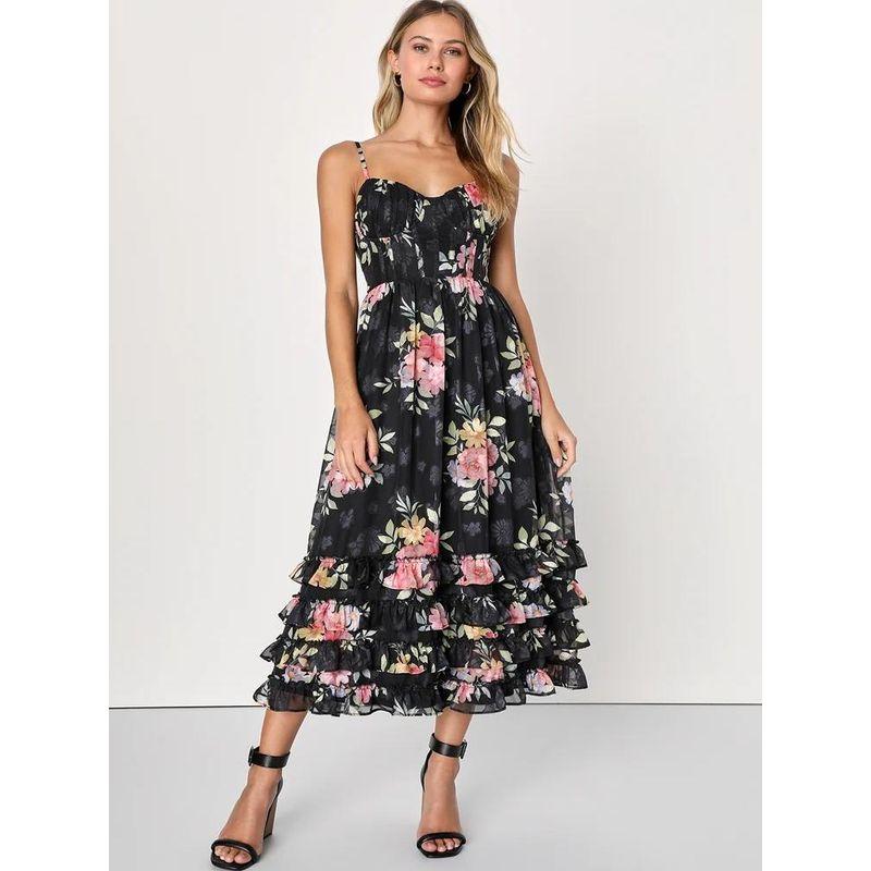 Foreign Trade Order Sling Lu's Exquisite Print Personalized Beautiful Fashion Jacquard Waist Hugging Slimming Big Hemline Temperament Dress