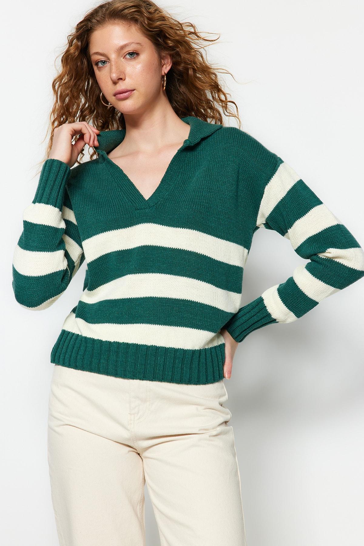 

Зеленый шерстяной трикотаж в полоску Свитер TWOAW24KZ00088..