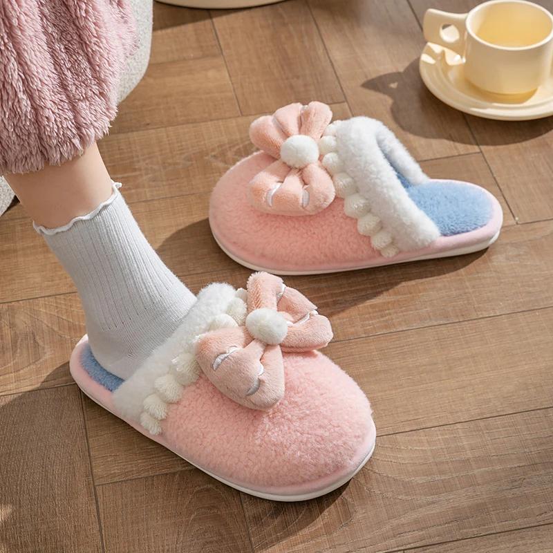 Fashion Casual Fluffy Slippers Women House Flats Fashion Winter Bowknot Designer Shoes Girls Home Plush Platform Elegant Footwear Warm