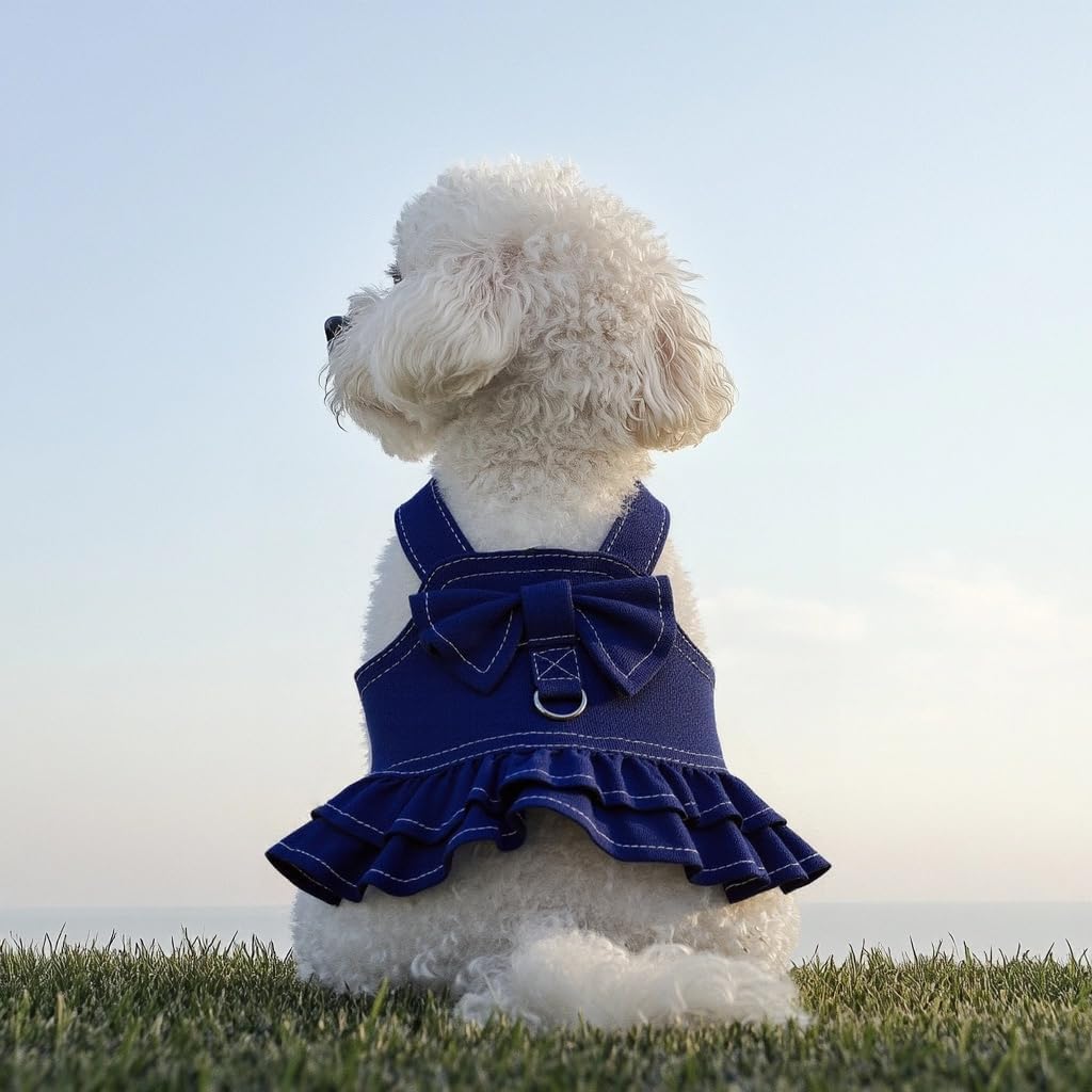 1 Pcs Cute Dog Dress Puppy Clothes with Bownot for Female Girl Small Dogs Outfits Harness for Outdoor Walking Birthday Party Denim Skirt L