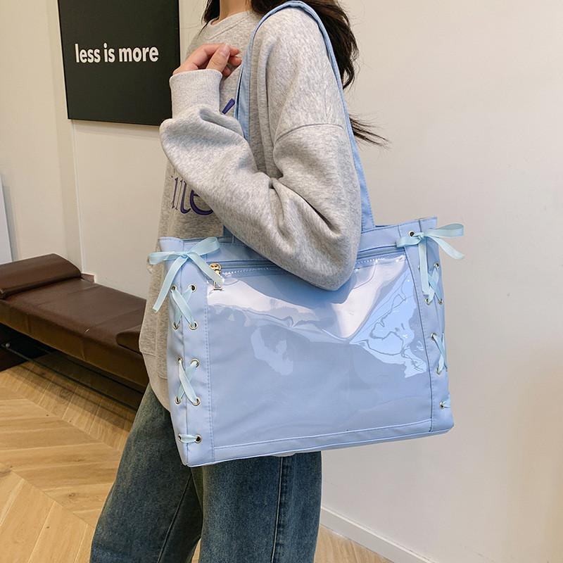 Large Capacity Transparent Nylon Tote With Zipper Closure And Internal Phone Pocket For Daily Wear