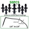 50 Pcs Barbed Hose Connectors Drip Irrigation 1/4" Universal Fittings 3-Way Coupling T Connectors for 4/7 Water Tube Garden Lawn Flower Pot