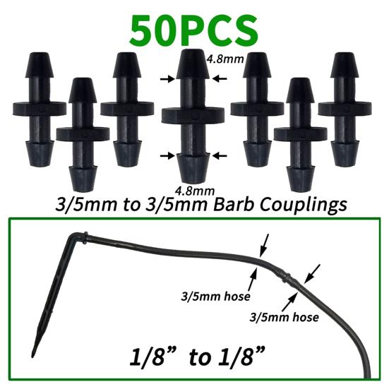 50 Pcs Barbed Hose Connectors Drip Irrigation 1/4" Universal Fittings 3-Way Coupling T Connectors for 4/7 Water Tube Garden Lawn Flower Pot