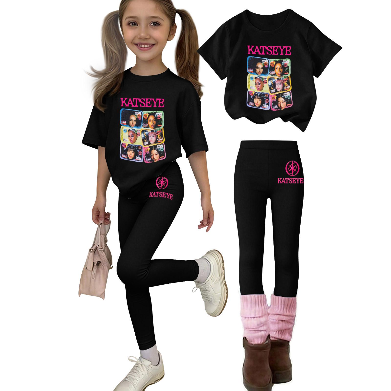 Kids Casual Printed Round Neck Top and Pants Set, Loose Fit Fashion Outfit 100