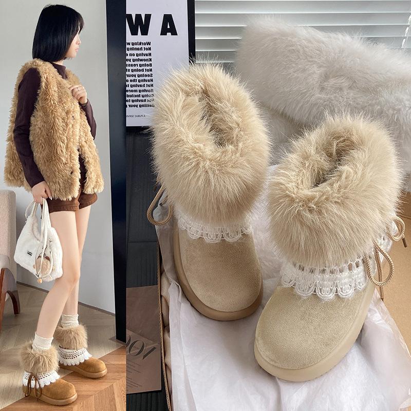 Women's furry mouth lightweight thick sole winter warm one-step snow boots lined with fleece non-slip wear casual sports cotton boots